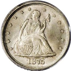 1875-S 20C MS65 PCGS. Pleasing pearl-gray and speckled
