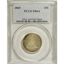 1865 25C PR64 PCGS. The hazy gold and orange patina th