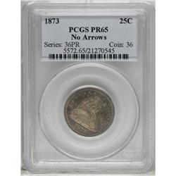 1873 25C No Arrows PR65 PCGS. Crisply detailed with pl