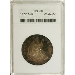 1879 50C MS60 ANACS. Plum, gold, and navy-blue dominat