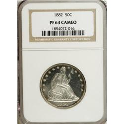 1882 50C PR63 Cameo NGC. Ice-white devices rise above
