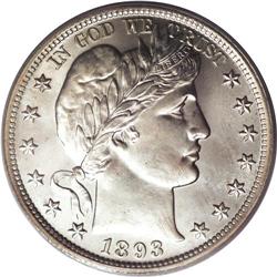 1893 50C MS65 PCGS. This early-issue Barber half comes