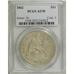 1842 S$1 AU50 PCGS. Luster outlines the legends, stars