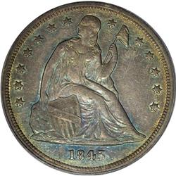 1845 S$1 AU55 PCGS. Rich ocean-blue, apricot, and cham
