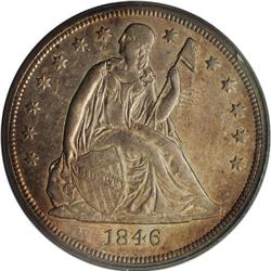 1846-O S$1 AU55 PCGS. Peach and plum-mauve toning embr