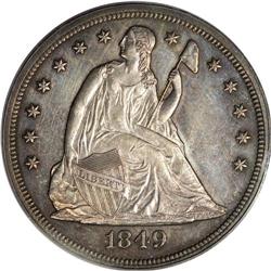 1849 S$1 MS60 PCGS. Rich sun-gold and pale mauve patin