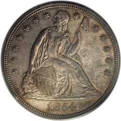 1854 S$1 AU55 PCGS. Peach-tinted luster accompanies th