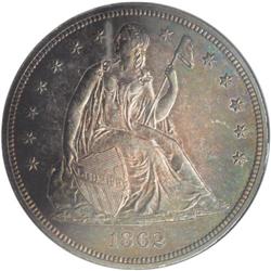 1862 S$1 MS62 ANACS. Iridescent salmon-pink, orange, a