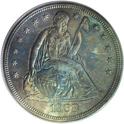 1868 S$1 PR63 PCGS. Richly patinated in navy-blue, sun
