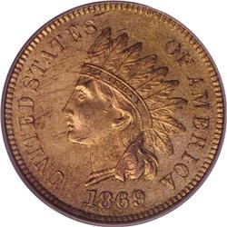 1869 1C MS65 Red PCGS. Snow-4. Slight repunching is ev