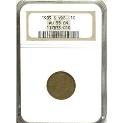 1909-S VDB 1C AU55 NGC. Lincoln has a hint of wear abo