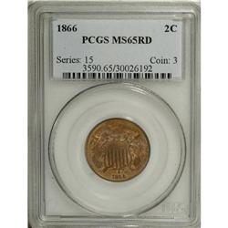 1866 2C MS65 Red PCGS. Rich peach luster bathes this s