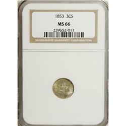 1853 3CS MS66 NGC. Dappled gold-tan and cream-gray ton