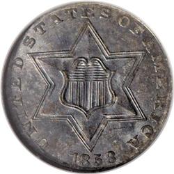 1858 3CS MS65 NGC. The obverse of this softly lustrous