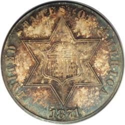 1871 3CS MS67 PCGS. The tiny mintage of 3,400 business