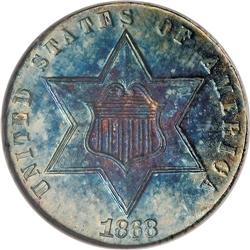 1868 3CS PR66 NGC. A rich ocean-blue Premium Gem that