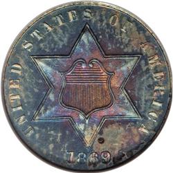 1869 3CS PR66 NGC. Deep navy-blue, orange, and ruby-re