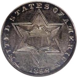 1858 3CS PR65 NGC. Reported mintages of the 1858 proof