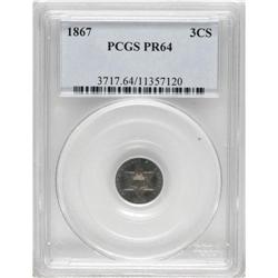 1867 3CS PR64 PCGS. Deep blue-green patina graces the