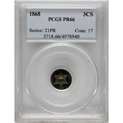 1868 3CS PR66 PCGS. The lovely, deep violet-brown, gol