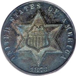 1873 3CS PR65 PCGS. Intensely toned with impressive ca