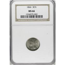 1866 3CN MS66 NGC. Heavy die clash marks are observed
