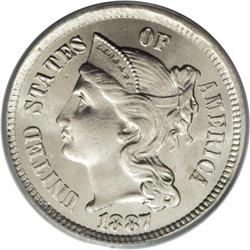 1887 3CN MS65 PCGS. One of 5,001 business strikes, the