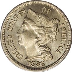 1888 3CN MS66 PCGS. A lovely lavender-gold Premium Gem