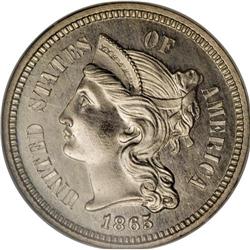 1865 3CN PR65 NGC. First year of issue, being most com