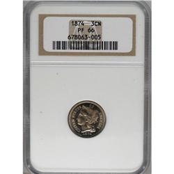 1874 3CN PR66 NGC. Light tan-gold patina visits this s