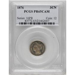 1876 3CN PR65 Cameo PCGS. Delicate greenish-gold patin