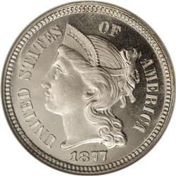 1877 3CN PR67 S Cameo NGC. This brilliant proof has e