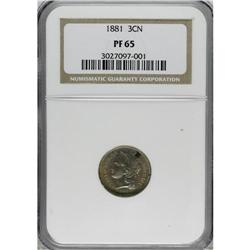 1881 3CN PR65 NGC. A beautifully toned example of this
