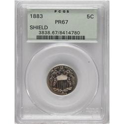 1883 5C PR67 PCGS. Elegant gold and green patina grace