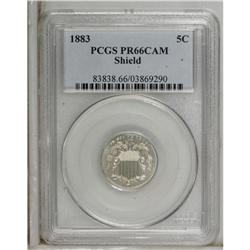 1883 5C PR66 Cameo PCGS. This satiny Premium Gem featu