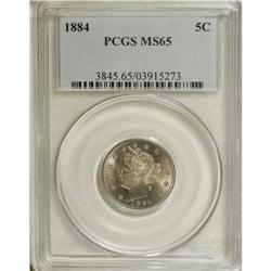 1884 5C MS65 PCGS. Pale gold and powder-blue enrich th