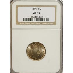 1891 5C MS65 NGC. Honey-gold and sky-gray toning endow