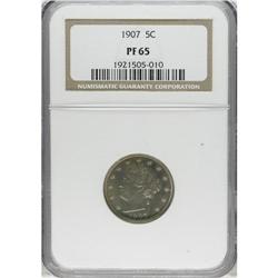 1907 5C PR65 NGC. Wisps of gold-tan patination run ove