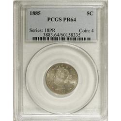 1885 5C PR64 PCGS. Dusky tan and ice-blue toning adorn