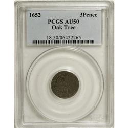1652 3PENCE Oak Tree Threepence AU50 PCGS. Crosby 3-A2