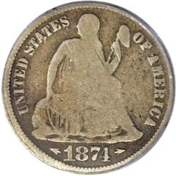 1874-CC 10C Arrows Good 6 PCGS. Although it is noticea