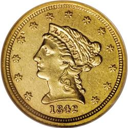 1842-D $2 1/2 AU55 NGC. Variety 3-F. The 1842-D quarte