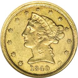 1840-C $5 AU58 NGC. Variety 2-B, Die State I. A rare a