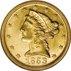 1853-D $5 Large D MS62 NGC. Variety 29-U. Slight recut