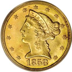 1858 $5 MS65 PCGS. In 1839, the design of the half eag