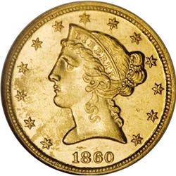 1860-C $5 MS63 NGC. Variety 28-M. Not many of the 14,8