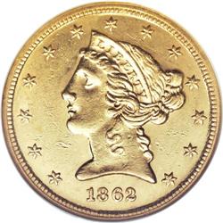 1862-S $5 MS61 NGC. Although gold was being hoarded in