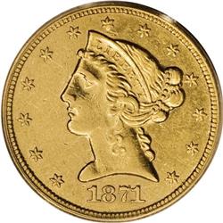 1871-CC $5 AU55 PCGS. Variety 1-A, which employs the s