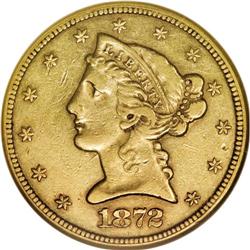 1872-CC $5 AU50 NGC. This rare half eagle hails from e