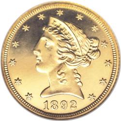 1892 $5 PR66 S Cameo NGC. The mintage of proof 1892 h